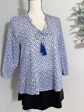Oliphant Tasseled Diamond Patterned Tunic Top Blouse, Blue Size Small